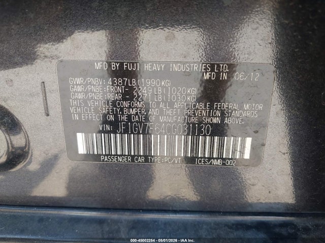 Aukcja sprzedaży 2012 Subaru Impreza Wrx Premium, vin: JF1GV7F64CG031130, numer aukcji: 45002254