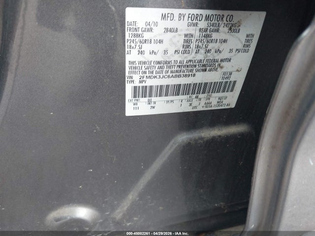 2010 Ford Edge Sel მანქანა იყიდება აუქციონზე, vin: 2FMDK3JC6ABB38918, აუქციონის ნომერი: 45002261