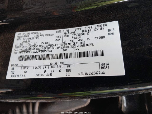 Продажа на аукционе авто 2018 Ford F-150 Platinum, vin: 1FTEW1EG2JFB85893, номер лота: 45002266