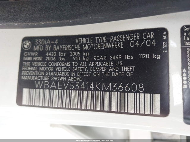 Продажа на аукционе авто 2004 Bmw 330i, vin: WBAEV53414KM36608, номер лота: 45002265