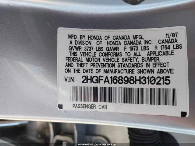 Продажа на аукционе авто 2008 Honda Civic Ex, vin: 2HGFA16898H310215, номер лота: 45002267
