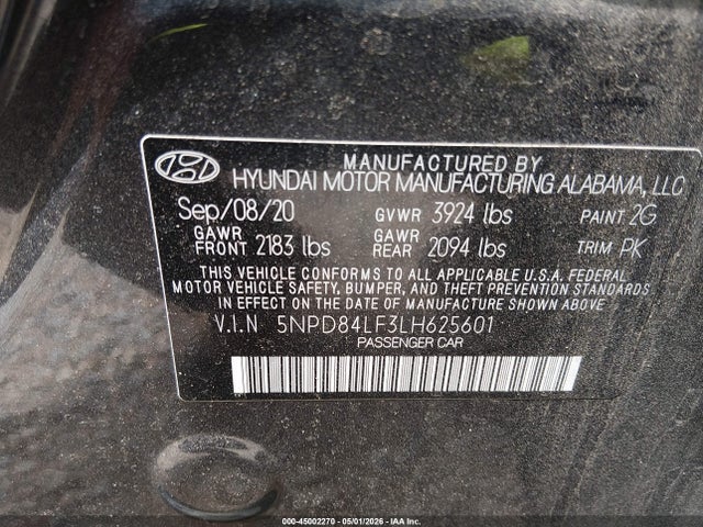 45002270 :رقم المزاد ، 5NPD84LF3LH625601 vin ، 2020 Hyundai Elantra Sel مزاد بيع