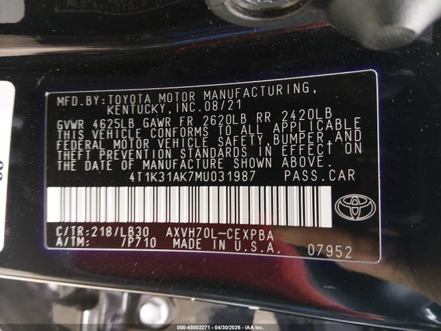 Aukcja sprzedaży 2021 Toyota Camry Xse Hybrid, vin: 4T1K31AK7MU031987, numer aukcji: 45002271