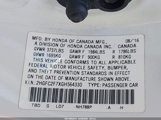 Honda CIVIC EX 2016 2HGFC2F7XGH564330 Image 9
