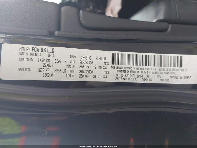 Aukcja sprzedaży 2015 Jeep Grand Cherokee Summit, vin: 1C4RJEJG4FC118976, numer aukcji: 45002279