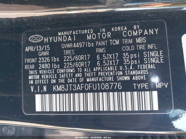 2015 Hyundai Tucson Gls მანქანა იყიდება აუქციონზე, vin: KM8JT3AF0FU108776, აუქციონის ნომერი: 45002281