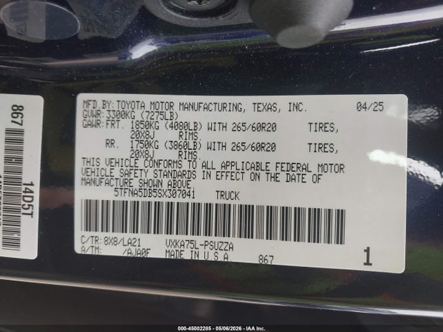 Продажа на аукционе авто 2025 Toyota Tundra Platinum, vin: 5TFNA5DB5SX307041, номер лота: 45002285