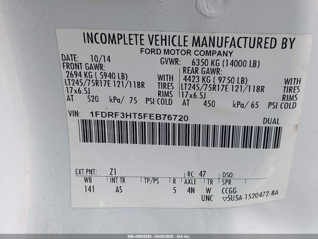 Продажа на аукционе авто 2015 Ford F-350 Chassis Xl, vin: 1FDRF3HT5FEB76720, номер лота: 45002292