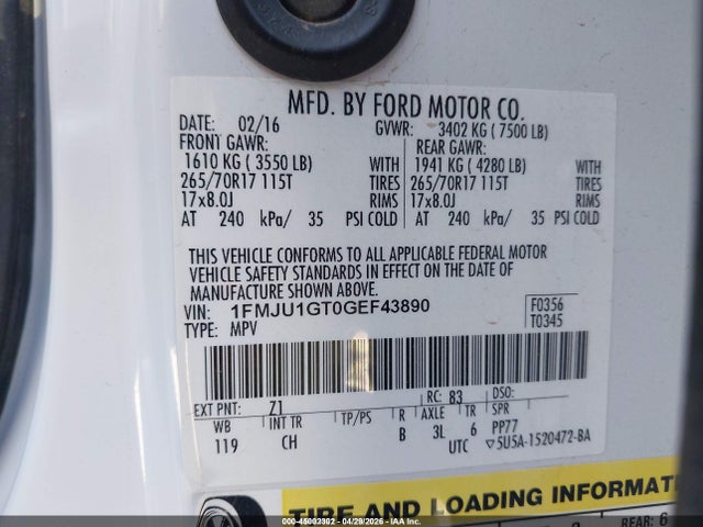 1FMJU1GT0GEF43890 Ford Expedition Xl