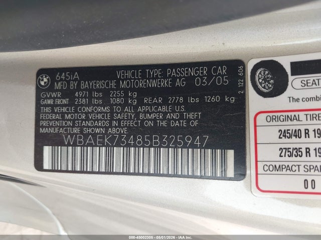 Aukcja sprzedaży 2005 Bmw 645ci, vin: WBAEK73485B325947, numer aukcji: 45002305
