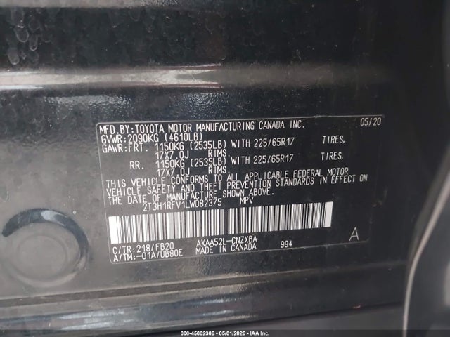 45002306 :رقم المزاد ، 2T3H1RFV1LW082375 vin ، 2020 Toyota Rav4 Le مزاد بيع