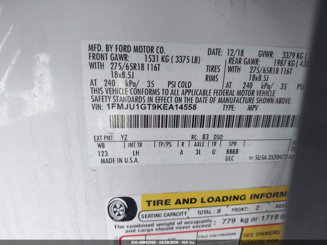 1FMJU1GT9KEA14558 Ford Expedition Xl