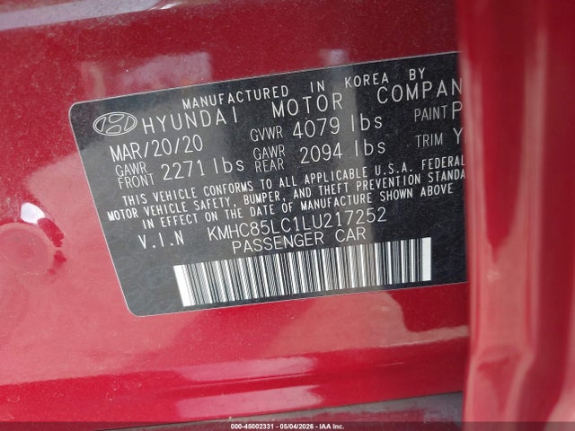 45002331 :رقم المزاد ، KMHC85LC1LU217252 vin ، 2020 Hyundai Ioniq Hybrid Sel مزاد بيع