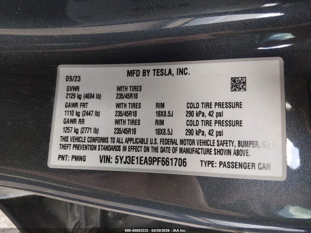 Aukcja sprzedaży 2023 Tesla Model 3 Rear-wheel Drive, vin: 5YJ3E1EA9PF661706, numer aukcji: 45002332