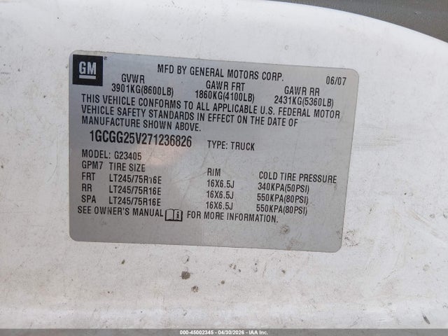 Продаж на аукціоні авто 2007 Chevrolet Express Work Van, vin: 1GCGG25V271236826, номер лоту: 45002345