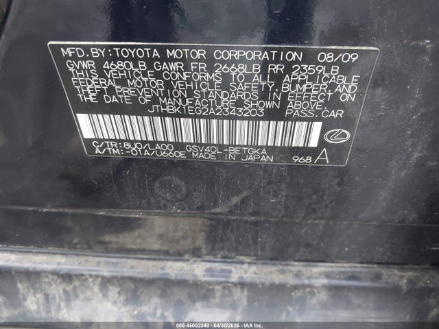 Продаж на аукціоні авто 2010 Lexus Es 350, vin: JTHBK1EG2A2343203, номер лоту: 45002348