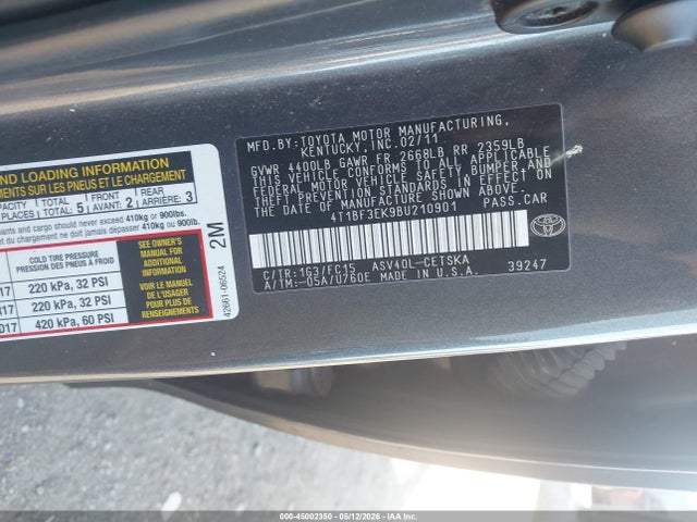 Aukcja sprzedaży 2011 Toyota Camry Se, vin: 4T1BF3EK9BU210901, numer aukcji: 45002350