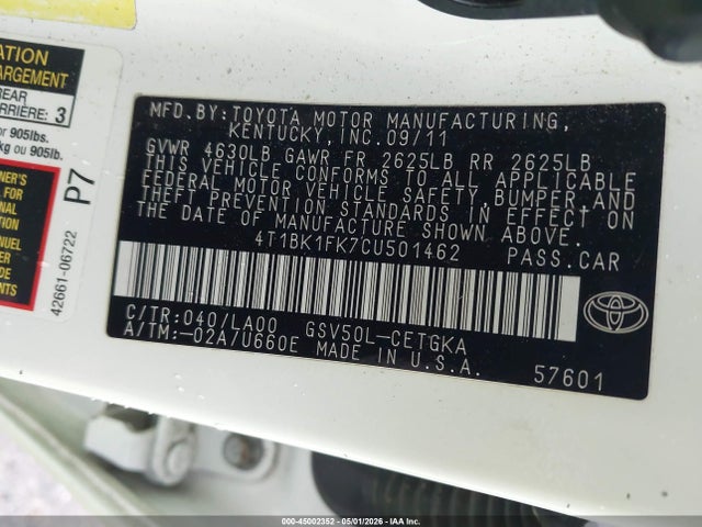 45002352 :رقم المزاد ، 4T1BK1FK7CU501462 vin ، 2012 Toyota Camry Xle V6 مزاد بيع