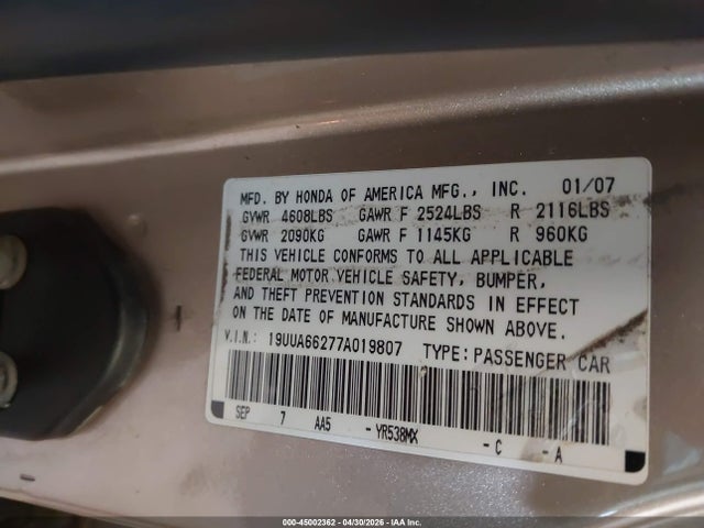 45002362 :رقم المزاد ، 19UUA66277A019807 vin ، 2007 Acura Tl 3.2 مزاد بيع