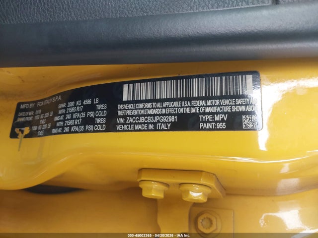 45002365 :رقم المزاد ، ZACCJBCB3JPG92981 vin ، 2018 Jeep Renegade Trailhawk 4x4 مزاد بيع