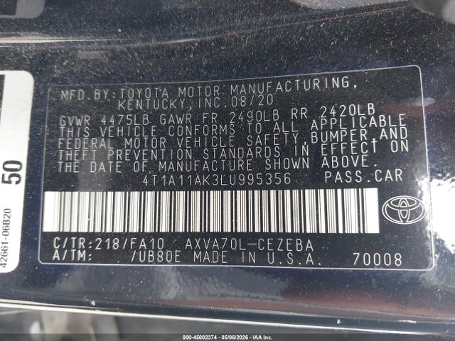 Продаж на аукціоні авто 2020 Toyota Camry L, vin: 4T1A11AK3LU995356, номер лоту: 45002374
