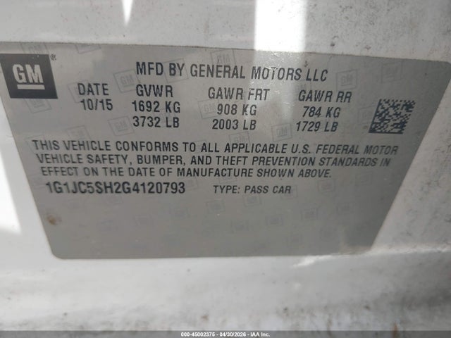 Aukcja sprzedaży 2016 Chevrolet Sonic Lt Auto, vin: 1G1JC5SH2G4120793, numer aukcji: 45002375