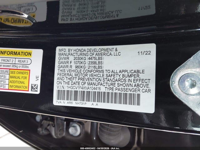 Продаж на аукціоні авто 2022 Honda Accord Sport Special Edition, vin: 1HGCV1F4XNA104416, номер лоту: 45002402