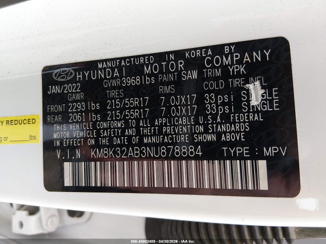 Aukcja sprzedaży 2022 Hyundai Kona Sel, vin: KM8K32AB3NU878884, numer aukcji: 45002408