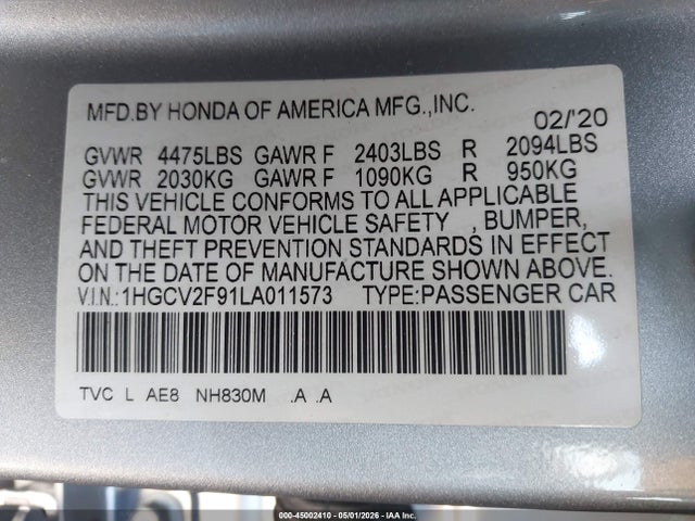 Продаж на аукціоні авто 2020 Honda Accord Touring, vin: 1HGCV2F91LA011573, номер лоту: 45002410