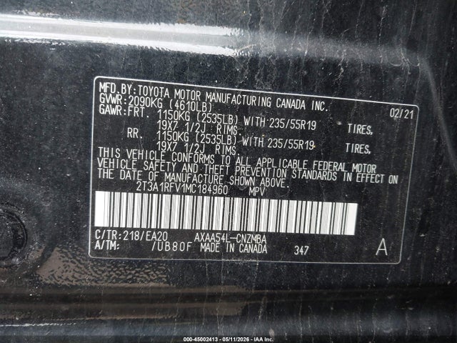 45002413 :رقم المزاد ، 2T3A1RFV1MC184960 vin ، 2021 Toyota Rav4 Xle Premium مزاد بيع