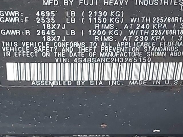 Aukcja sprzedaży 2017 Subaru Outback 2.5i Limited, vin: 4S4BSANC2H3265150, numer aukcji: 45002417