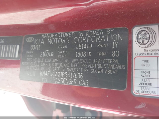 45002420 :رقم المزاد ، KNAFU4A21B5417636 vin ، 2011 Kia Forte Ex مزاد بيع