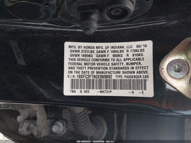 Продаж на аукціоні авто 2016 Honda Civic Ex, vin: 19XFC2F76GE069892, номер лоту: 45002427