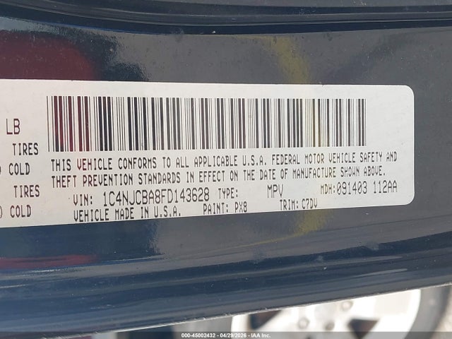 2015 Jeep Compass Sport მანქანა იყიდება აუქციონზე, vin: 1C4NJCBA8FD143628, აუქციონის ნომერი: 45002432