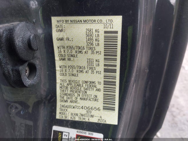 Aukcja sprzedaży 2012 Nissan Frontier Sv, vin: 1N6AD0CW7CC406656, numer aukcji: 45002434