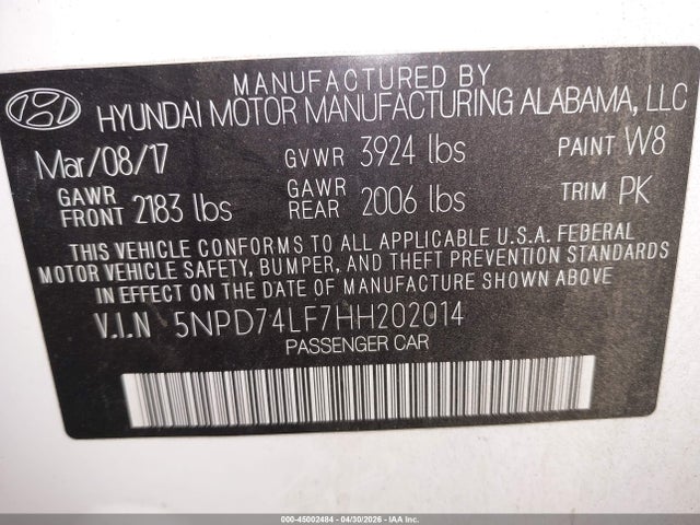 5NPD74LF7HH202014 Hyundai ELANTRA SE