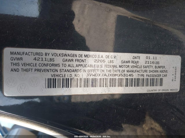 45002520 :رقم المزاد ، 3VWDX7AJXBM353145 vin ، 2011 Volkswagen Jetta 2.5l Se مزاد بيع