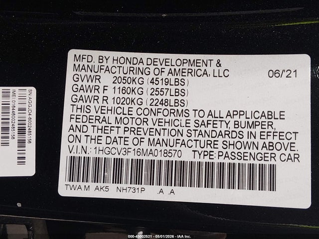 Aukcja sprzedaży 2021 Honda Accord Hybrid, vin: 1HGCV3F16MA018570, numer aukcji: 45002521