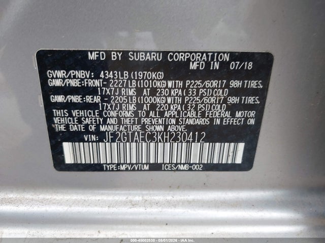 45002530 :رقم المزاد ، JF2GTAEC3KH230412 vin ، 2019 Subaru Crosstrek 2.0i Premium مزاد بيع