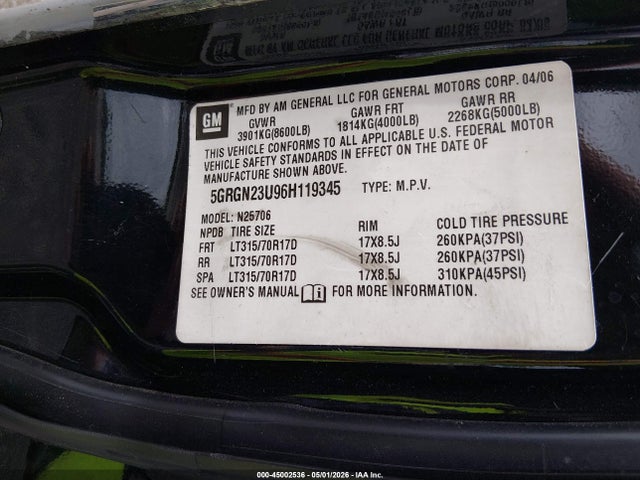 Aukcja sprzedaży 2006 Hummer H2 Suv, vin: 5GRGN23U96H119345, numer aukcji: 45002536