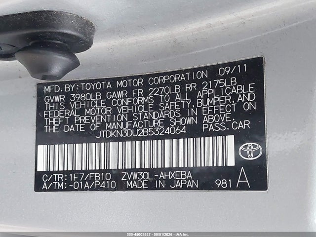 2011 Toyota Prius Two მანქანა იყიდება აუქციონზე, vin: JTDKN3DU2B5324064, აუქციონის ნომერი: 45002537