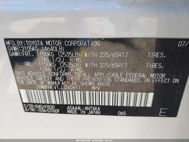 45002539 :رقم المزاد ، JTMBFREV1JJ242811 vin ، 2018 Toyota Rav4 Le مزاد بيع