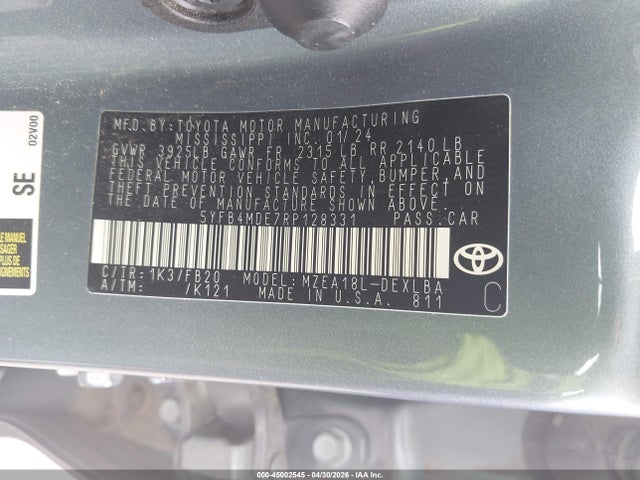 45002545 :رقم المزاد ، 5YFB4MDE7RP128331 vin ، 2024 Toyota Corolla Le مزاد بيع