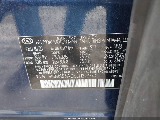 45002549 :رقم المزاد ، 5NMS53AD6LH293744 vin ، 2020 Hyundai Santa Fe Limited مزاد بيع