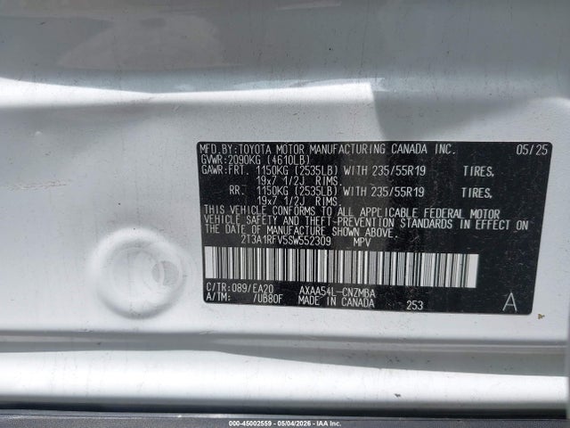 2025 Toyota Rav4 Xle Premium მანქანა იყიდება აუქციონზე, vin: 2T3A1RFV5SW552309, აუქციონის ნომერი: 45002559