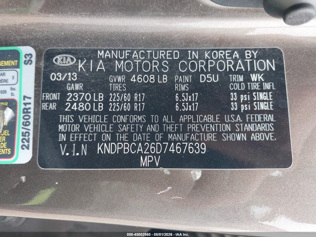 Продажа на аукционе авто 2013 Kia Sportage Lx, vin: KNDPBCA26D7467639, номер лота: 45002560