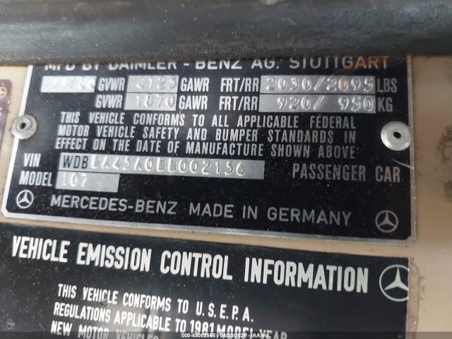 1981 Mercedes-benz 380 Sl მანქანა იყიდება აუქციონზე, vin: WDBBA45A0BB002156, აუქციონის ნომერი: 45002568