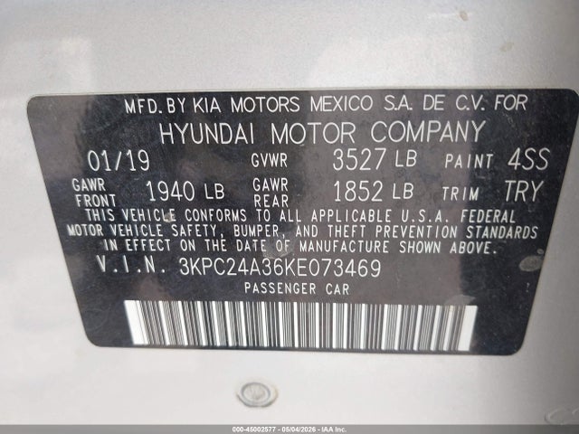 Продаж на аукціоні авто 2019 Hyundai Accent Se, vin: 3KPC24A36KE073469, номер лоту: 45002577