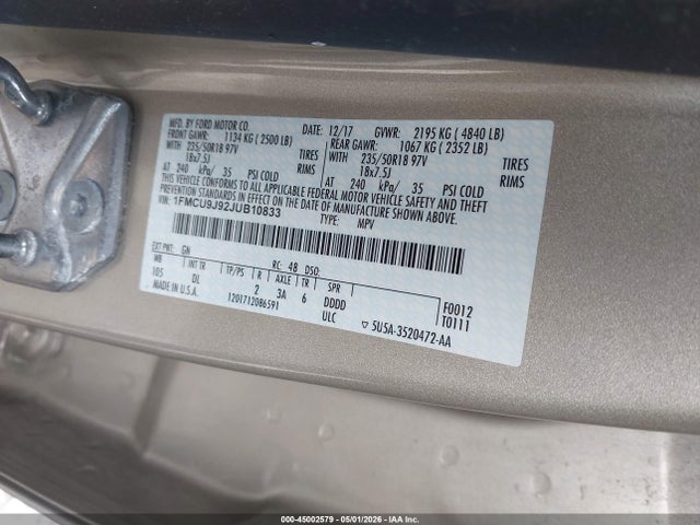 Aukcja sprzedaży 2018 Ford Escape Titanium, vin: 1FMCU9J92JUB10833, numer aukcji: 45002579