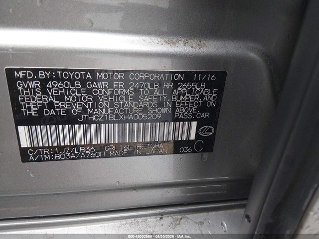 Aukcja sprzedaży 2017 Lexus Gs 350 F Sport, vin: JTHCZ1BLXHA005209, numer aukcji: 45002580